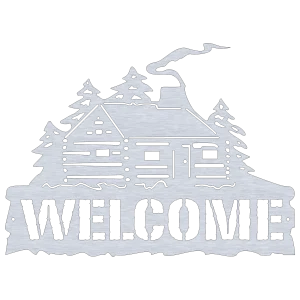 Aluminum wall sign featuring a detailed log cabin with smoke rising from the chimney, surrounded by pine trees. The word 'WELCOME' is prominently cut out at the bottom, with a rugged, rustic design. Displayed on a black background, highlighting the silver metallic finish and intricate cutouts.